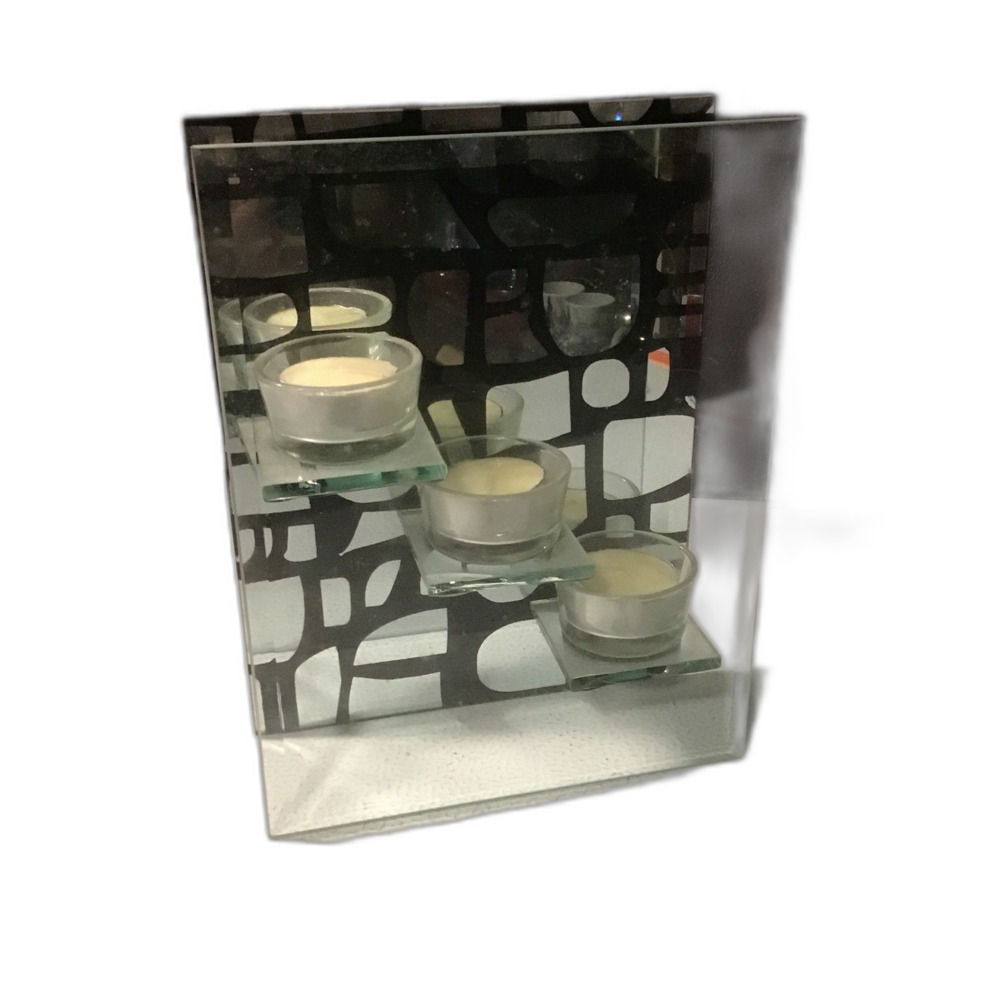 Modern 3-Tier Mirrored Glass Tealight Candle Holder - Black Geometric Design